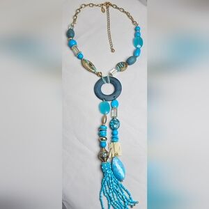 Chico's Turquoise Tassel Elephant Pendant Beaded Necklace
